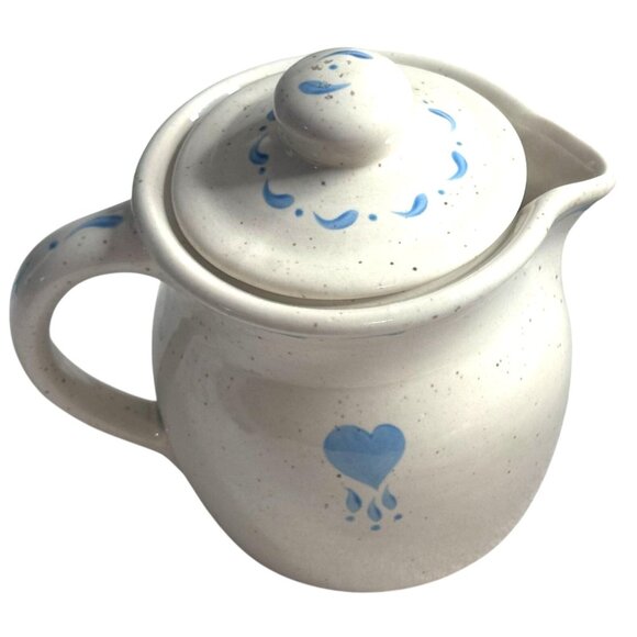 Stoneware Ceramic Creamer With Lid Blue Heart Design Unique Heart 7" - Picture 1 of 15